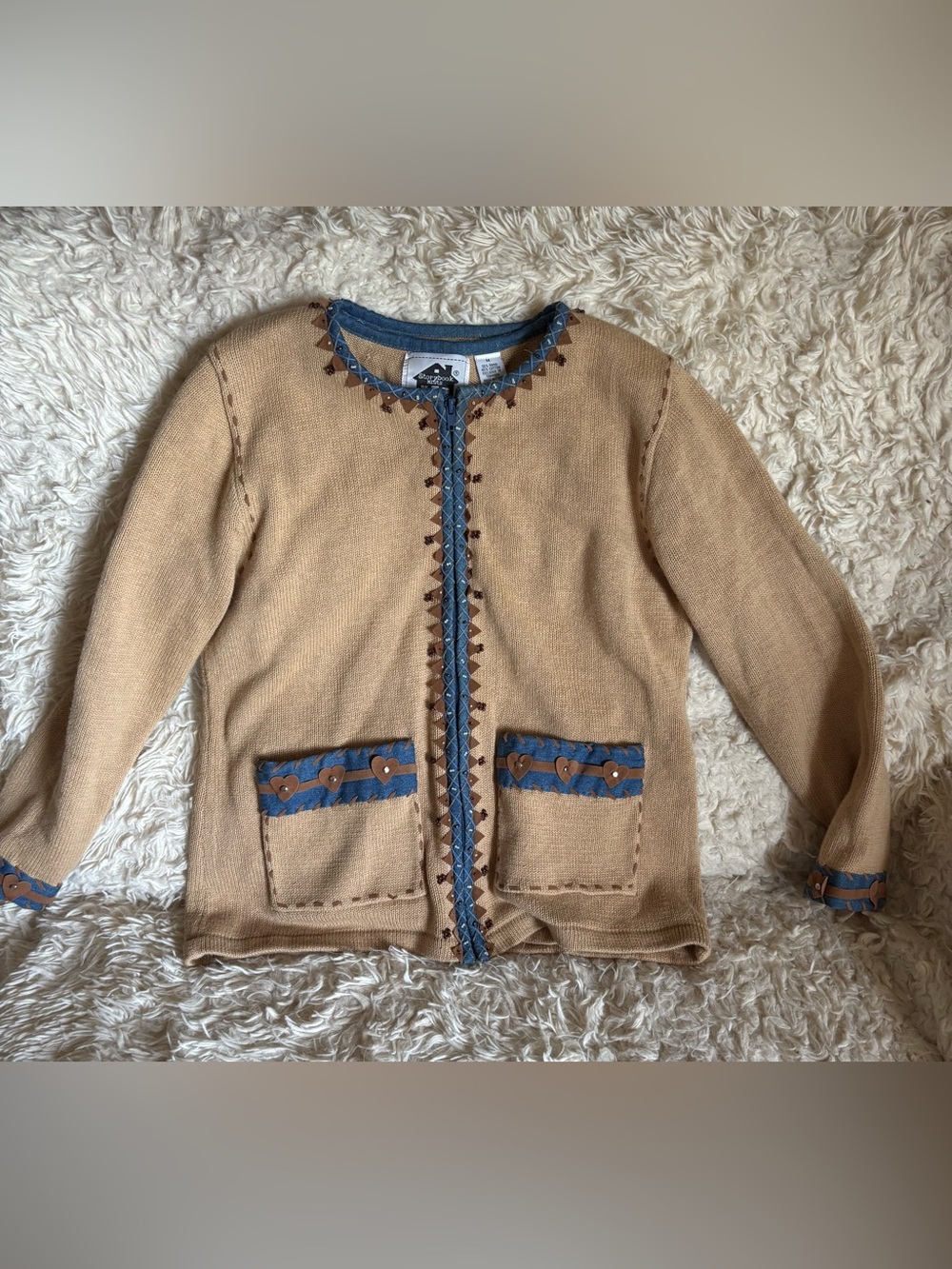 Storybook Knits Tan Cardigan & Blouse with Blue Trim and Heart Accents Women’s M